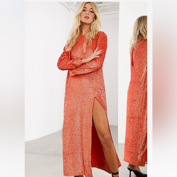Red sequin ASOS dress size 4 maxi with slit - Picture 8 of 9